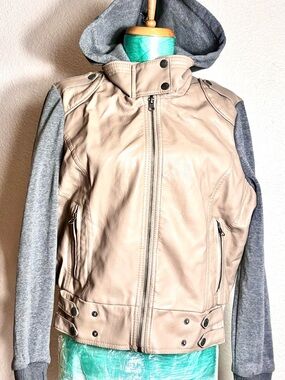 Miss London Two-Tone Hooded Leather Jacket in Beige and Gray